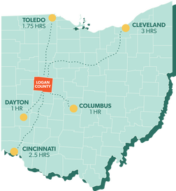 Map of Logan County to plan your visit from major cities in Ohio